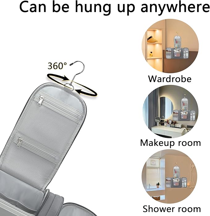 Hanging Travel Toiletry Bag for Men and Women with Metal Swivel Hook, Large Travel Makeup Organizer for Full Sized Cosmetics and Toiletries, Water-Resistant Bathroom Toiletry Bags, Grey