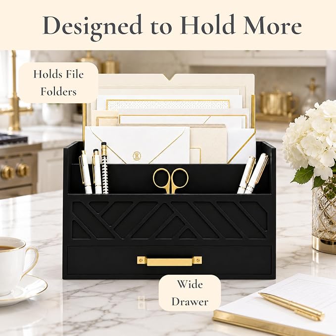 BLU MONACO | Wooden Mail Organizer with Drawer and Gold Handle | Mail Sorter Organizer Countertop for Desk | Outgoing Mail Holder and Letter Sorter for Desk Storage