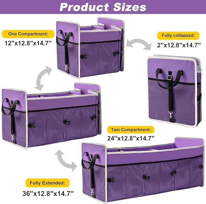 Collapsible Trunk Organizer, 102L Large Capacity Portable Car Storage for SUV, Purple, 3 Compartments