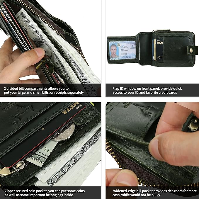 MING CLAN Leather RFID Blocking Bifold Wallet For Men With Zipper, Flap ID Window Zip Coin Pocket, Big Capacity Credit Card Holder For Travel