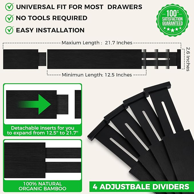 4 Pack Bamboo Drawer Dividers Organizer with Inserts 2.6'' High, Expandable from 12.5-21.7", Adjustable Drawer Organizer Separators for Utensils, Clothing, Office, Dresser, Bedroom, (Black)