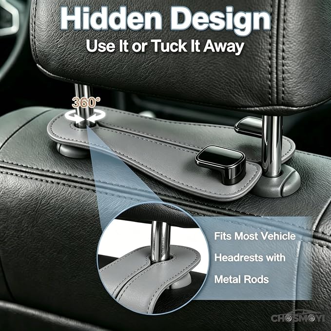 CHOSMOYI Leather Car Purse Hook for Headrest, 2 Pack Seat Back Organizer for Handbags, Groceries & Essentials, Heavy Duty Car Accessories (Grey)
