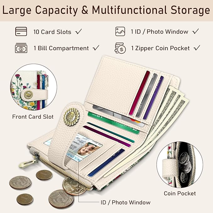 Kelvoris Aesthetic Flower Floral Small Rfid Women Wallet Bifold Zipper Coin Pocket PU Leather Compact Cash Credit Card Holder Travel Wallet for Female Ladies Teen Girls 1 ID Window 10 Card Slots