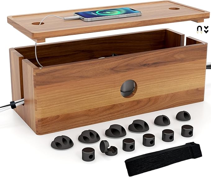 Acacia Wood Cable Management Box for Power Strip, Large Wooden Cord Hider & Cable Organizer for Desk, Floor & TV, Wire Concealer Box for Home Office Cable Storage and Management
