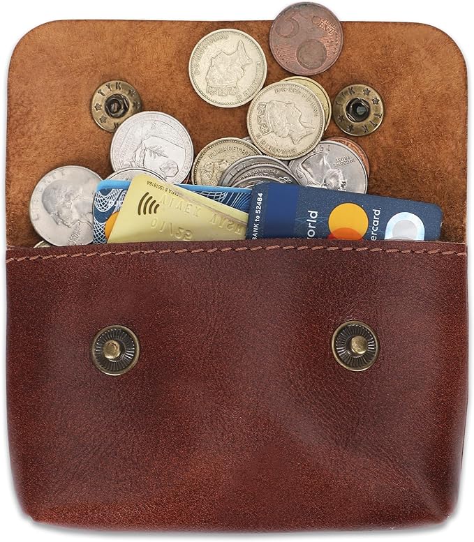 Leather Double Coin Pouch Premium Cash & Card Holder Compact Cable Organizer Travel Makeup Bag, Handmade Artisan Craft Vintage Leather Accessories Multipurpose Wallet & Organizer (Wine)