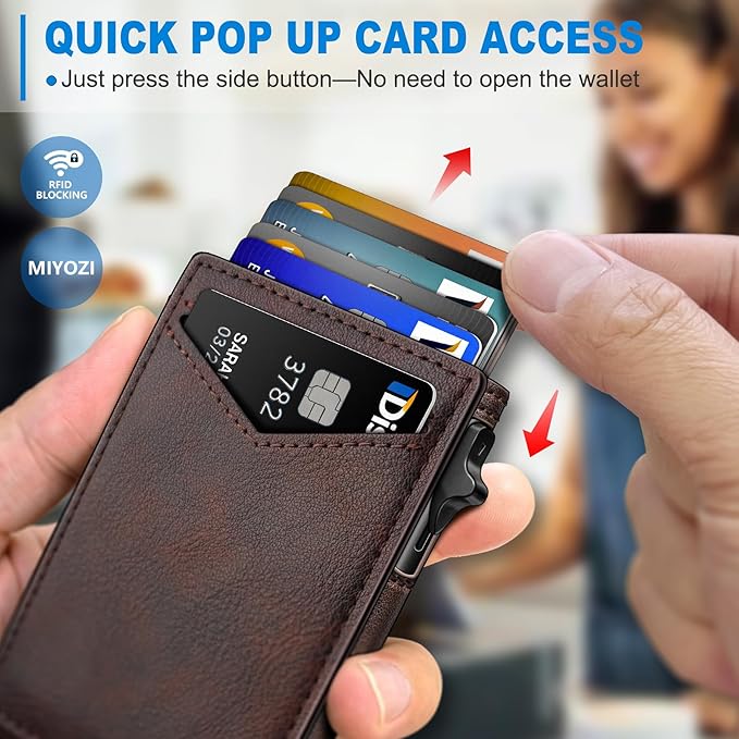 miyozi Wallet for Men, Slim Pop Up Card Holder - RFID Blocking Minimalist Bifold Wallet with ID Window, Holds 9-11 Cards & Stretchable Strap, Metal Flip Case with Magnetic Closure, Gift Box