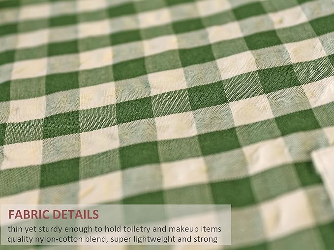 HAPPYHEIDI Nylon Checker Makeup Bag Set 3 with Compartment Cosmetic Toiletry Travel Pouch,Purse Accessory Organizer, 3-Size, Beige Green Plaid, Canvas Lined