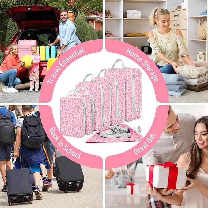 6 Set Compression Packing Cubes, Suitcase Organizer, Lightweight Travel Essentials, Compression Bags For Travel Accessories Luggage Storage Set (6Pcs, Pink Leopard)