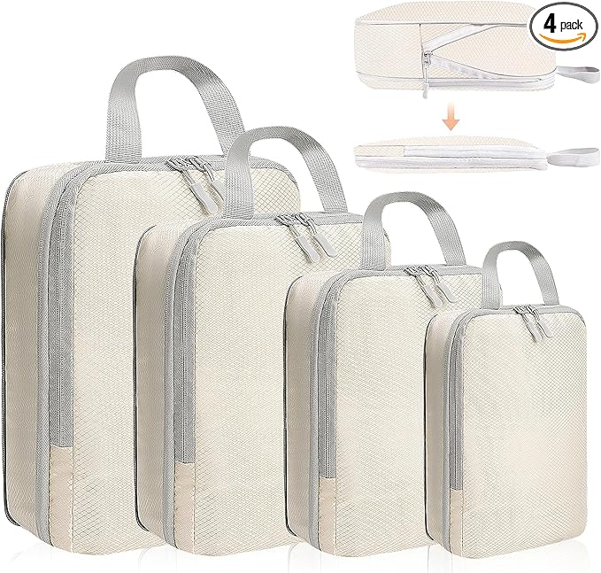 4 Set Compression Packing Cubes for Suitcase - Space-Saving Luggage Organizer Bags, Lightweight Travel Essentials for Efficient Packing (Beige)