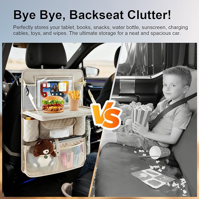 Car Backseat Organizer with Foldable Table Tray - 11 Storage Pockets PU Leather Back Seat Organizer with Tablet Holder, Seat Back Protector for Kids Family Road Trip Travel Accessories (Beige)