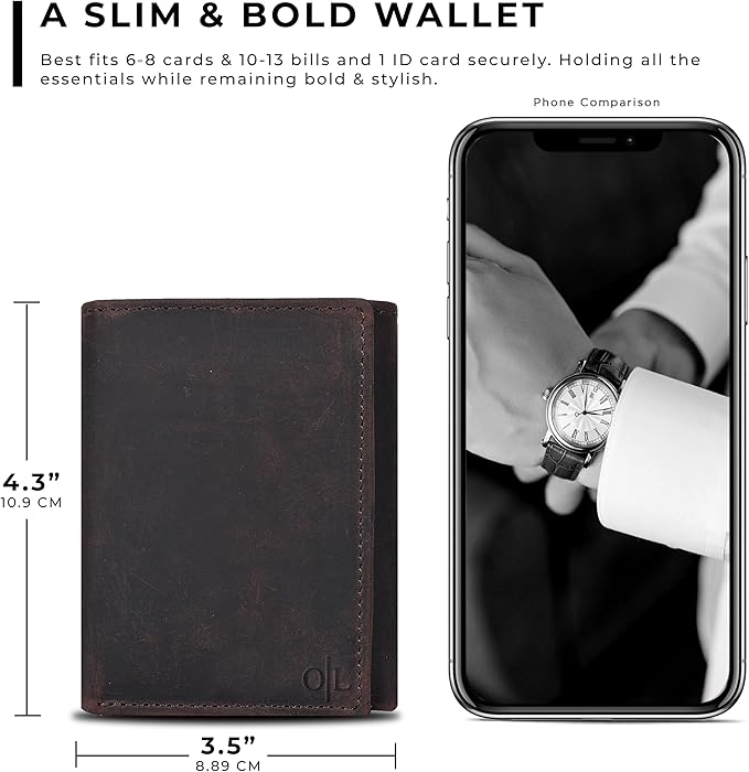 Tri fold Leather Wallet for Men with RFID | Slim Wallets for Men with 1 ID and 6 Credit card slots | Front Pocket Minimalist
