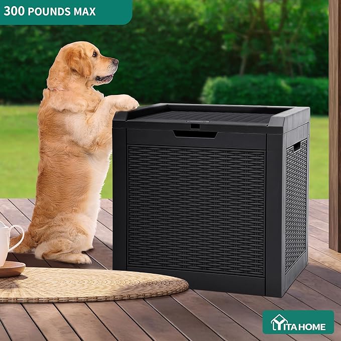 YITAHOME 32 Gallon Rattan Deck Box, Indoor Outdoor Storage Box for Patio Furniture, Pool Accessories, Cushions, Garden Tools, Sports Equipment, Waterproof Resin with Lockable Lid & Side Handles, Black