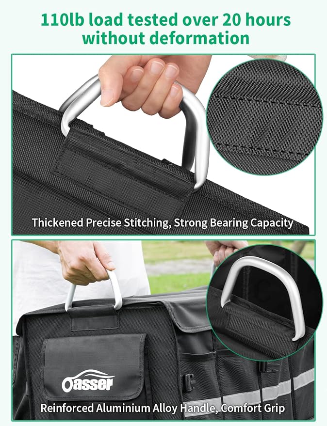 Oasser Trunk Organizer Cargo Organizer Trunk Storage Waterproof Collapsible Durable Multi Compartments with Foldable Hard Cover Aluminium Alloy Handle Reflective Strip (Large, Black)