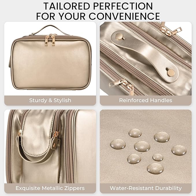 Travel Makeup Bag Women's Large Capacity Cosmetic Portable Organizer Large Opening Waterproof Storage Toiletry Bags Vertical Free-Standing Brush Holder for Easy Access Copper