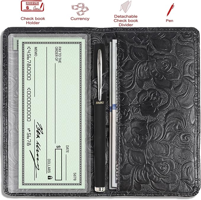 Sanlykate Leather Checkbook Cover for Men and Women, Check Book Case Card Holder with Free Divider, Standard Register Duplicate Checks with pen inserts, Black Flower