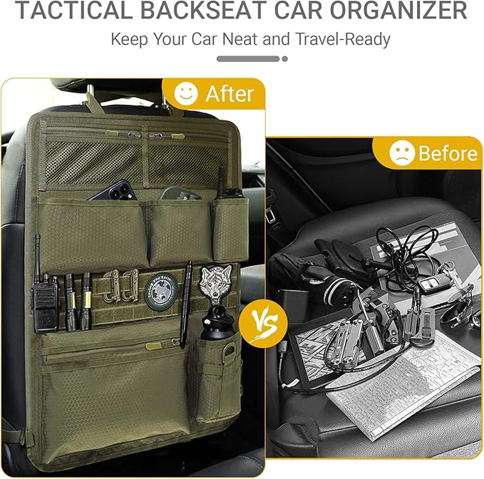 Tactical Car Seat Organizer with Multiple Pockets, MOLLE Panel System & Mesh Compartments, Durable Nylon Universal Vehicle Seat Back Storage with Cup Holder, Water-Resistant (Army Green)