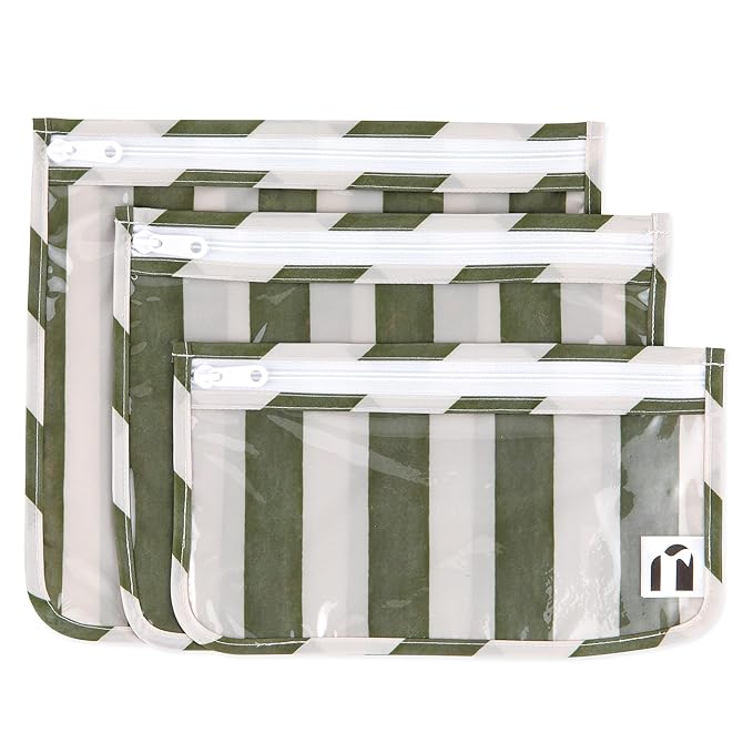 Bumkins Roamio Travel Bag, Toiletry, TSA Approved Pouch, Zip Quart Size Airline Compliant, Clear-Sided, Baby, Diaper Organization, Makeup, Accessories, Carry On Packing, Set of 3 Sizes, Green Stripe
