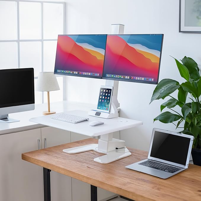 Mount-It! Electric Standing Desk Converter, Motorized Sit Stand Desk Riser with Dual Monitor Mounts, Adjustable Height Ergonomic Workstation with 28??Wide Platform and Tablet/Phone Slot, White