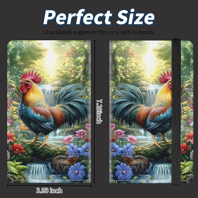 Check Book Cover for Personal Checkbook with Duplicate Checks for Women's & Men PU Leather Wallets Check Book Holder with Pen Card Slots Elastic Strap, Rooster In The Flowers