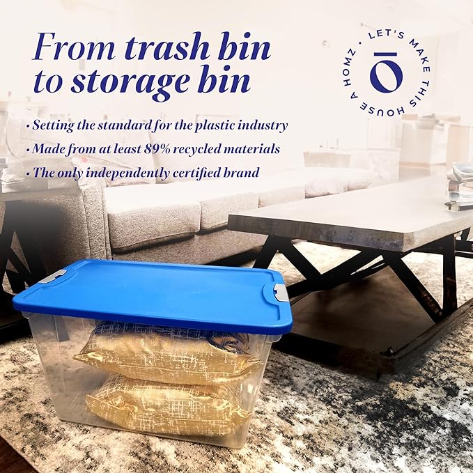 HOMZ 4-Pack Secure Latch, Clear Plastic Storage Organizer Bins, 64 Quart, Blue Lid - Stackable Container Boxes for Bedroom, Bathroom, Garage, and Office Organization