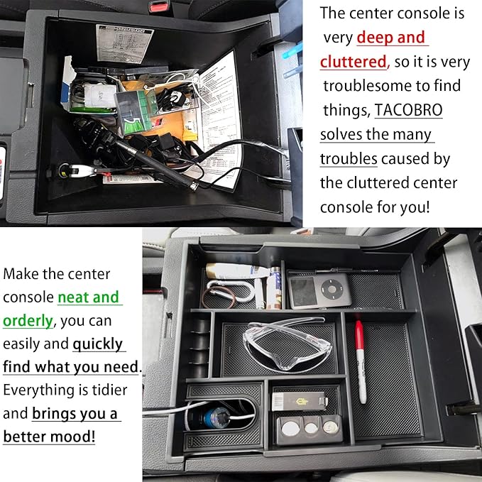 TACOBRO Center Console Organizer Compatible with 2014-2017 2018 2019 2020 2021 Tundra Accessories, Crewmax Interior Armrest Underseat Storage Box- Full-coverage Insert Tray, Black Trim