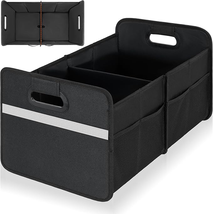 BQKOZFIN Large Capacity Sturdy Trunk Storage Organizer, Water Resistant Collapsible Organization Container, Multi-Compartment Car or SUV Accessories, Black