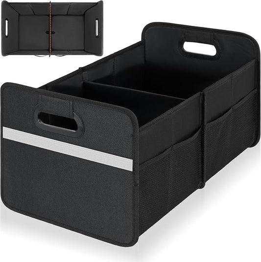 BQKOZFIN Large Capacity Sturdy Trunk Storage Organizer, Water Resistant Collapsible Organization Container, Multi-Compartment Car or SUV Accessories, Black