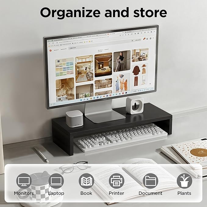 Monitor Stand Riser, Desktop Stand for PC/Laptop/Printer, Wood Monitor Riser with Storage, Computer Stand Keyboard Organizer, Black, 15.7 Inch
