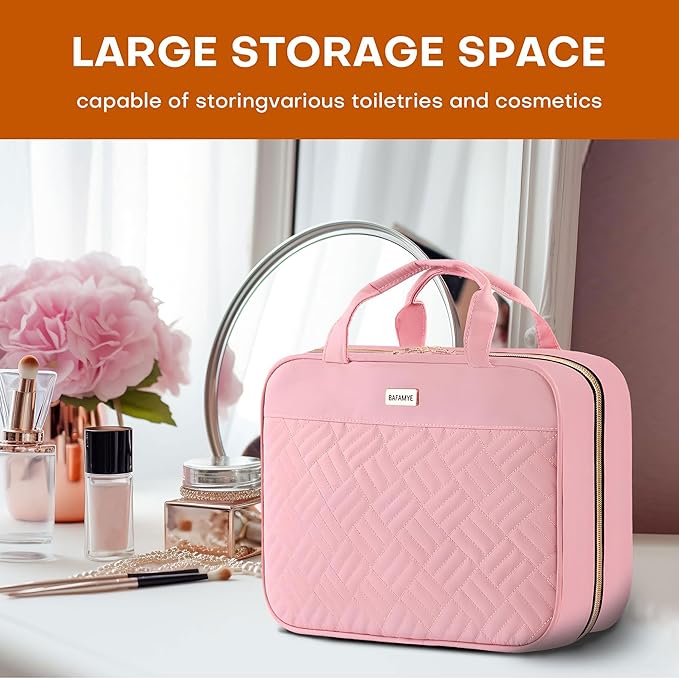 BAFAMYE Toiletry Bag Travel Bag with Hanging Hook, Water-Resistant Makeup Cosmetic Bag Organizer for Accessories, Full-Size Shampoo and Toiletries, Large, Light Pink, BAF-019
