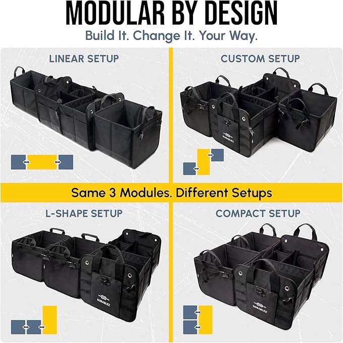 XL Modular Trunk Organizer System – 4 Section Extra Large Car Cargo Organizer for SUVs, Trucks & Cars – Foldable Multi-Compartment Storage, Heavy Duty 1680D Oxford – Black