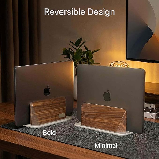 Vertical Laptop Stand, Solid Black Walnut Body & Silver-Finished Ash Wood Base, Wood Laptop Holder Vertical for Desk - Adjustable Dock (0.47"-1.57" Width) Fits Most Laptops, MacBooks