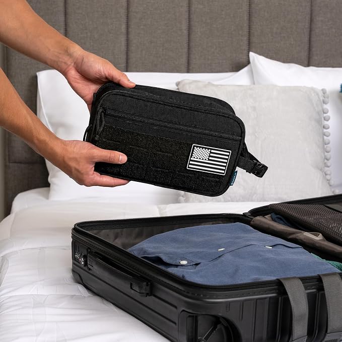 PAVILIA Tactical Toiletry Bag for Men, Water Resistant Molle Military Dopp Kit, Travel Hygiene Organizer with Wet Dry Storage for Shaving, Grooming, Gym and Camping, Black