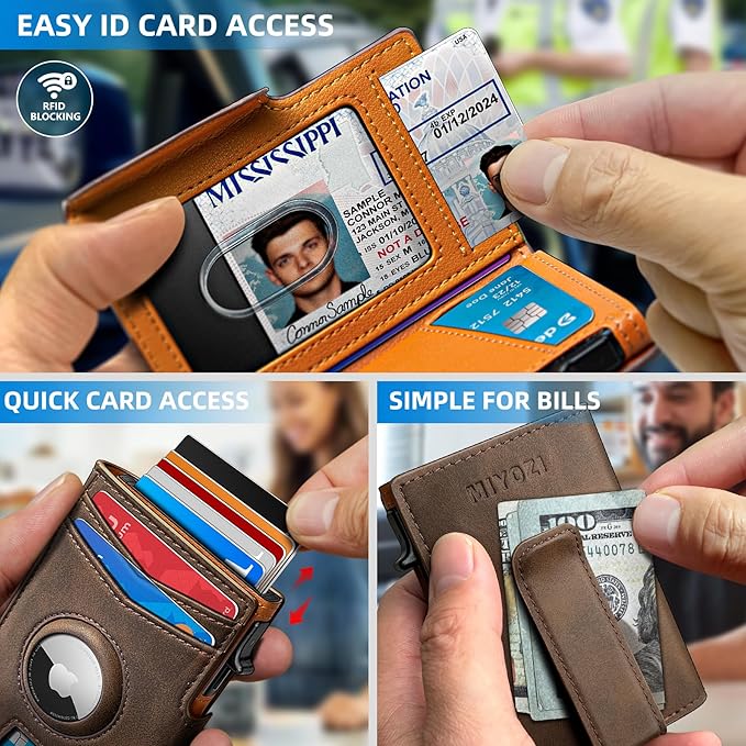 miyozi Airtag Wallet for Men,with Money Clip 10 Cards Metal Case Smart Slim Pop Up Credit Card Holder Flip with Magnetic Closure RFID Blocking wallet with Gift Box