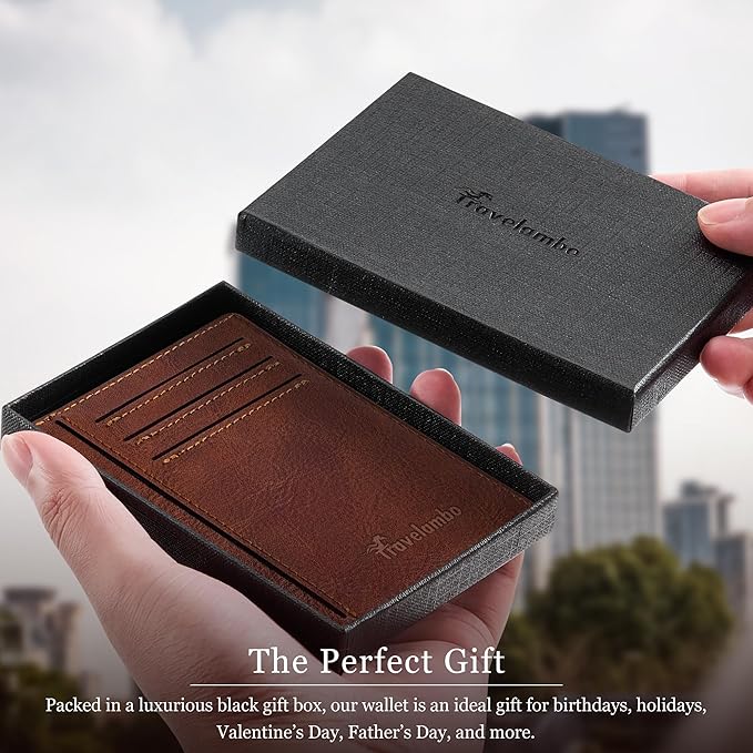 Travelambo 100% Genuine Leather Wallet for Men and Women, Slim Minimalist RFID Blocking Front Pocket Credit Card Holder with Gift Box(Brick Brown)