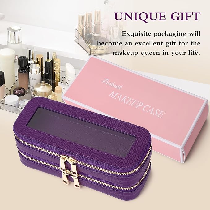Pinkmik Double Layer Makeup Bag Makeup Brush Case Waterproof Travel Cosmetic & Toiletry Bag Purse Organizer and Car Essentials for Women (Purple, Double SLIM)