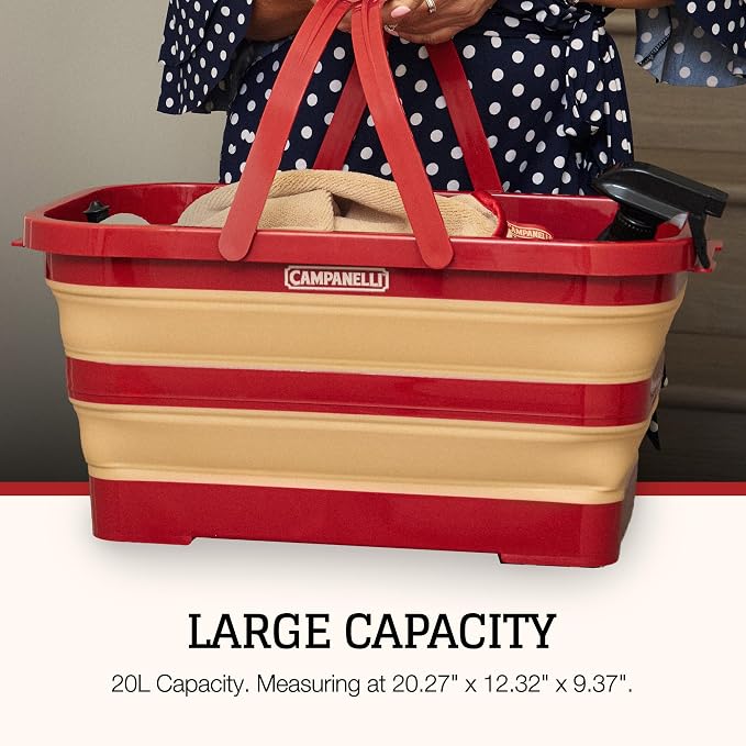 CAMPANELLI Collapsible Multi Purpose basket with Handles - Waterproof Storage Container, Space-Saving Foldable Sturdy basket for Clothes, Toys, Gardening & more | 20L Red/Gold