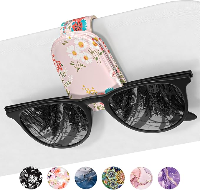 Sunglasses Holder for Car Visor, Magnetic Leather Car Sunglass Holder, Car Sun Visor Glasses Hanger Clip, Car Interior Accessories for Women Men, Fits All Size Eyeglasses