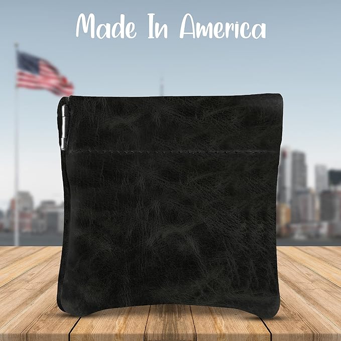 Nabob Leather Genuine Leather Squeeze Coin Purse, Coin Pouch Made IN U.S.A. Change Holder For Men/Woman Size 3.5 X 3.5 (Distressed Black)