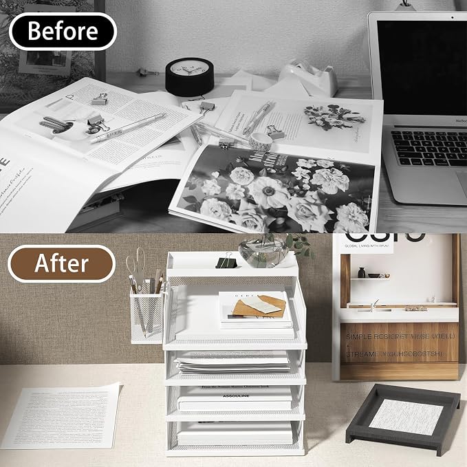 FANXIYQ Stackable Letter Trays, 4 Tier Metal Paper Tray & Desk Organizer, Stackable File Trays for Office & Home, Multi-Functional Document Tray with Fine Grid Design & Magnetic Labels,White