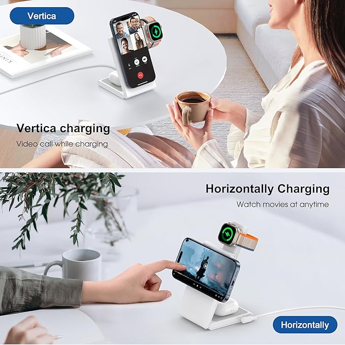 New Travel Foldable 3 in 1 Wireless Charging Station for Apple Magsafe Charger Stand,Fast Magnetic Wireless Charger Station for iPhone 17 Air 16 15 14 13 12 Series,Airpods Pro,Apple Watch Ultra-White
