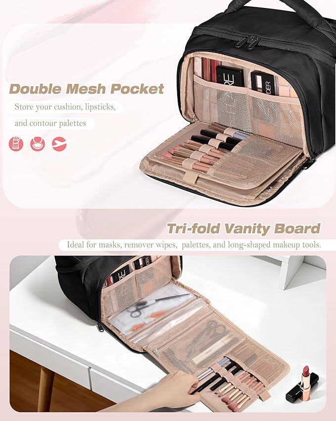 Marscamd Travel Makeup Bag for Women, Toiletry Organizer with Waterproof Pockets, Puffy Cosmetics Pouch for Makeup Brushes, Skincare & Travel Essentials, Black (Bag only)