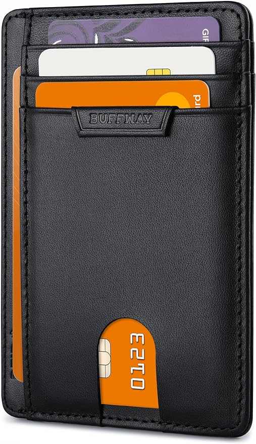 Buffway Slim Wallet for Men Women Minimalist Small Leather Front Pocket Wallets with RFID Blocking and Gifts Box - Bassa Black