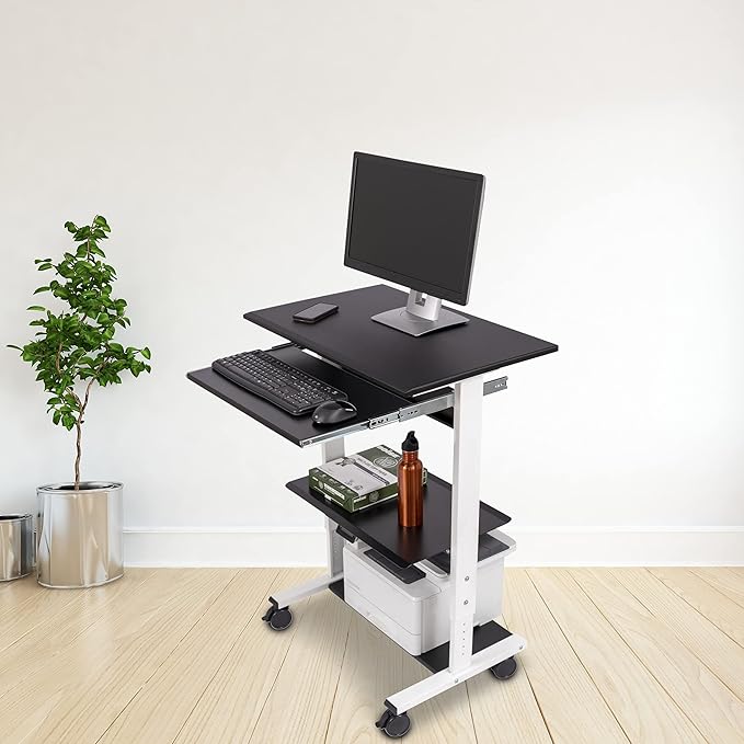 Stand Up Desk Store Mobile Rolling Adjustable Height Standing Workstation with Printer Shelf and Slideout Keyboard Tray (White Frame/Black Top, 30" Wide)