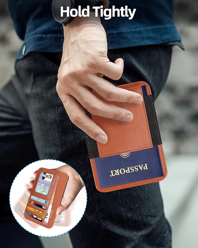 HiWe Passport Holder for Travel with Rechargeable Find My Tracker Built in, Minimalist Leather Passport Wallet Card Holder for Men and Women, RFID Blocking, 4 Slots, 1 Pocket, ID Window, Brown