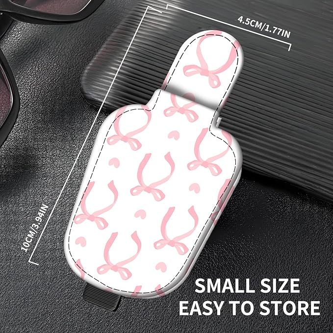 Leather Magnetic Sunglass Holder for Car Sun Visor, Cute Eyeglass Ticket Card Hanger Clip, Universal Auto Interior Accessories for SUV Pickup Truck White Pink Bow