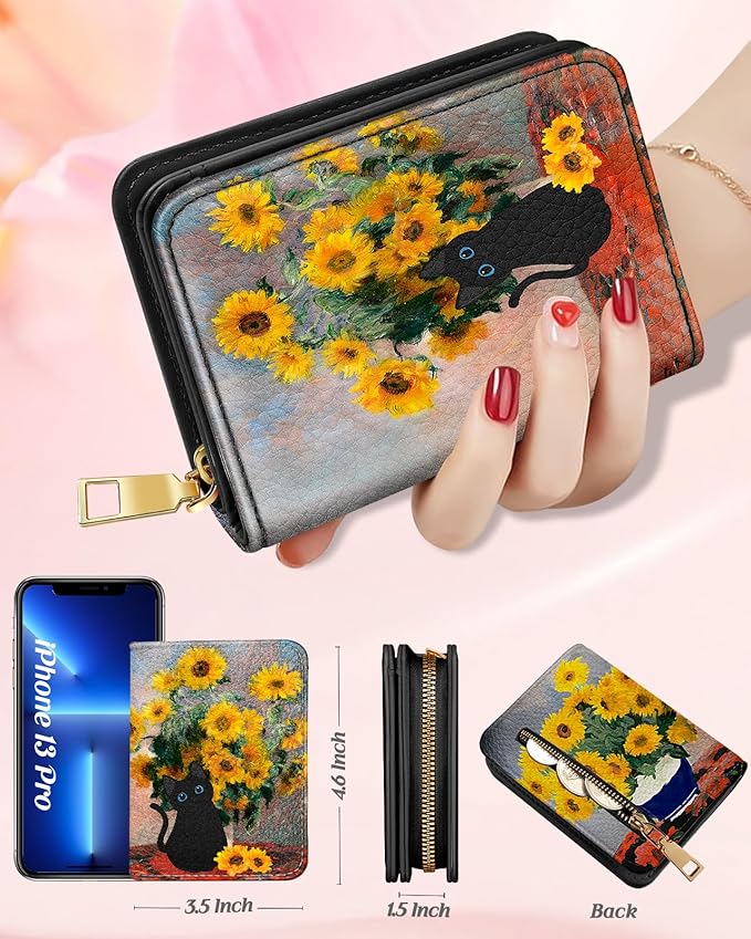 Bistup Credit Card Holder Wallet for Women Cute Leather Ladies Teen Girls Female Cardholder Wallets Accordion Purse Small Medium Aesthetic Print Sunflower Cat Modern Design Rfid Zipper Around