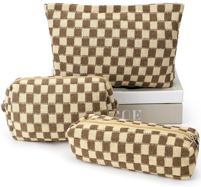 3 Pcs Makeup Bag Cosmetic Bag Set for Girls Women Checkered Travel Organizer Bathroom Toiletry Pouch Large Capacity Storage Bag (Brown)