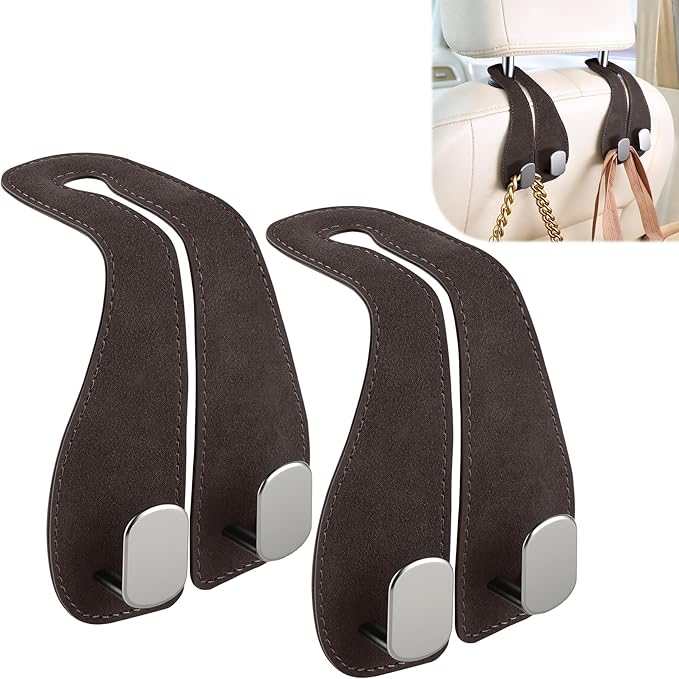 SINGARO 2PCS Car Purse Holder Hook, Seat Back Storage Hook, Leather-Wrapped Alloy Double Headrest Hook for Purses & Bags, Cute Car Interior Accessories for Women and Men, Brown