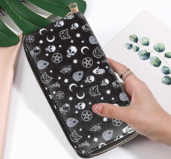 Halloween Skull Wallets for Women Large Capacity 2 Zipper Around Gothic Wallet Ladies Goth Purse Credit Card Holder (Skull)