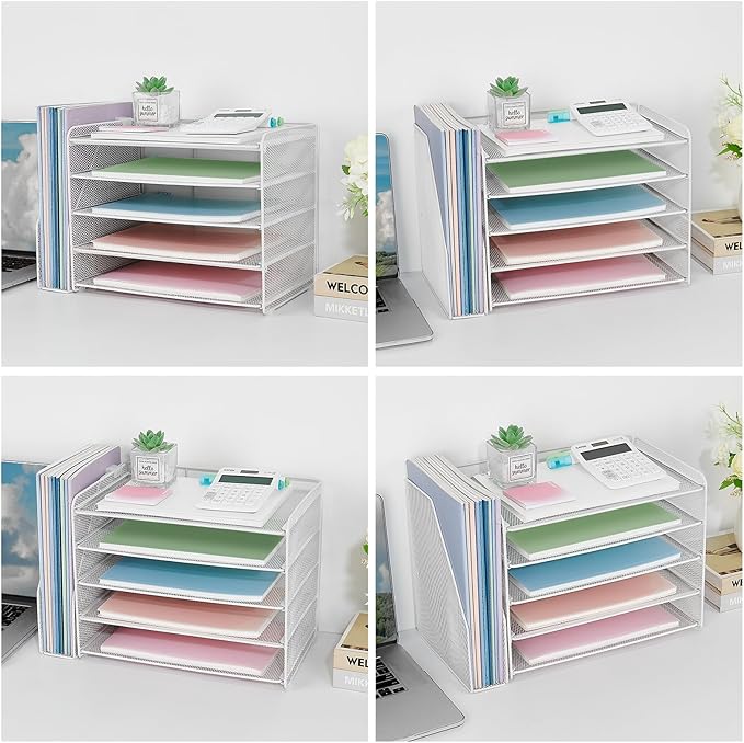 OPNICE Desk Organizer, 5-Tier Paper Organizer Letter Tray with Magazine Holder, Office Desk Accessories & Workspace Organizers, Desktop File Organizer for Office Supplies Storage, White